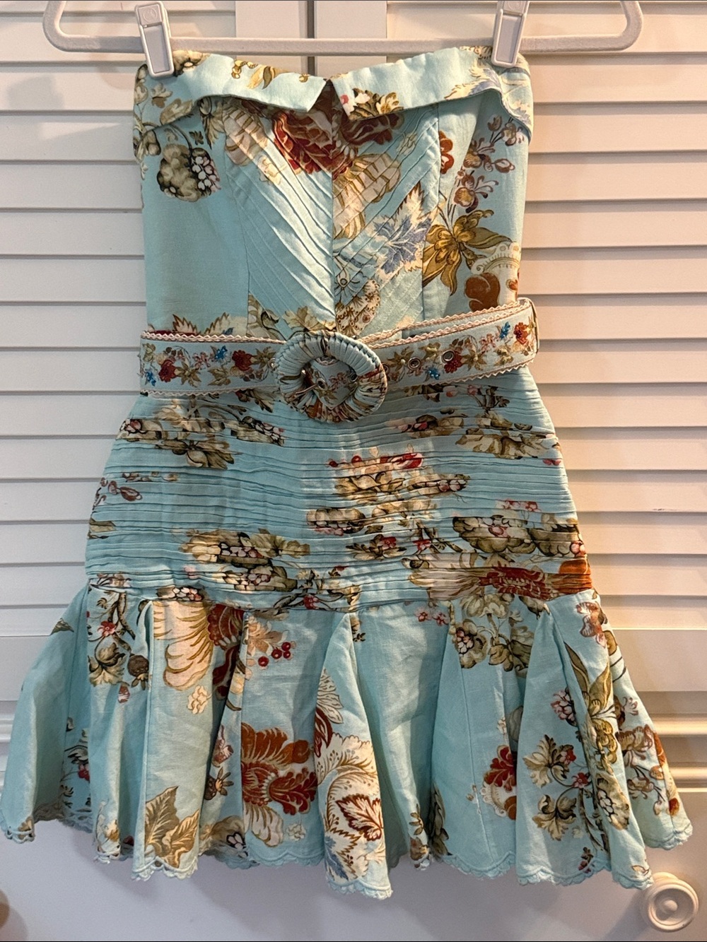 HEMANT & NANDITA Strapless Light Blue Floral Dress with Belt